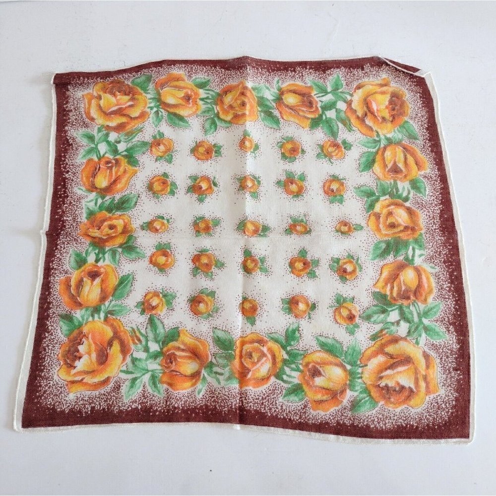 Vintage Cotton Hankie Handkerchief Brown Yellow Orange Floral Design 12 X 12